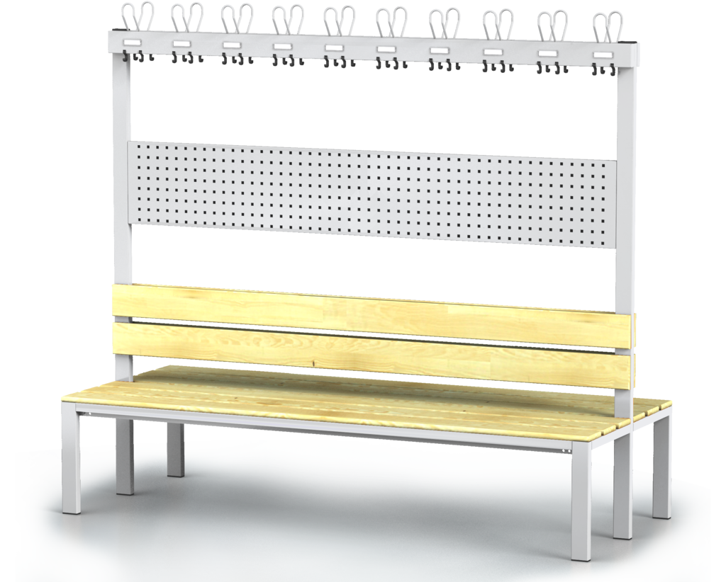 Oboustranná lavice s opěradlem a věšáky, smrkové latě - základní provedení 1800 x 2000 x 830